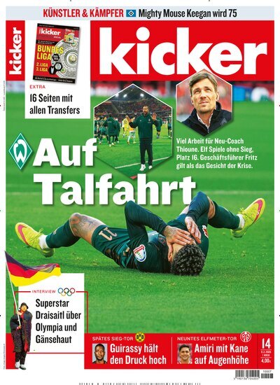 Titelbild der Ausgabe 14/2026 von kicker. Diese Zeitschrift und viele weitere Sportmagazine als Abo oder epaper bei United Kiosk online kaufen.