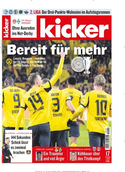 Titelbild der Ausgabe 17/2026 von kicker. Diese Zeitschrift und viele weitere Sportmagazine als Abo oder epaper bei United Kiosk online kaufen.