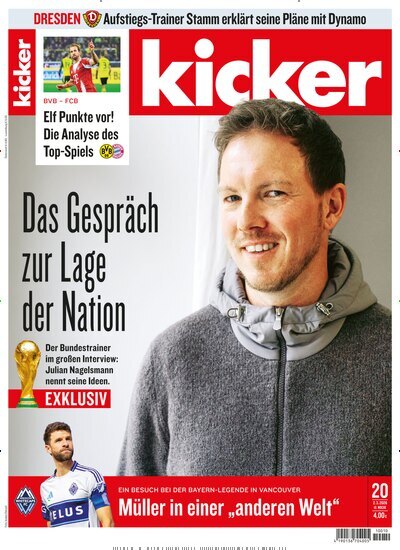 Titelbild der Ausgabe 20/2026 von kicker. Diese Zeitschrift und viele weitere Sportmagazine als Abo oder epaper bei United Kiosk online kaufen.