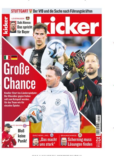 Titelbild der Ausgabe 25/2025 von kicker. Diese Zeitschrift und viele weitere Sportmagazine als Abo oder epaper bei United Kiosk online kaufen.
