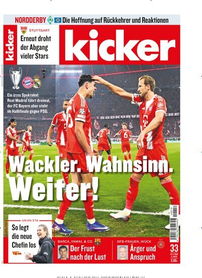 Titelbild der Ausgabe 33/2026 von kicker. Diese Zeitschrift und viele weitere Sportmagazine als Abo oder epaper bei United Kiosk online kaufen.
