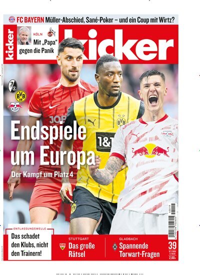 Titelbild der Ausgabe 39/2025 von kicker. Diese Zeitschrift und viele weitere Sportmagazine als Abo oder epaper bei United Kiosk online kaufen.