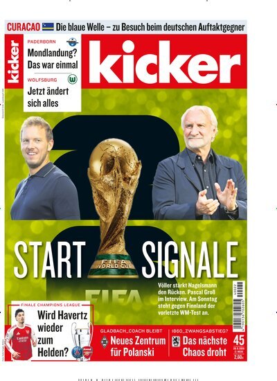 Titelbild der Ausgabe 45/2026 von kicker. Diese Zeitschrift und viele weitere Sportmagazine als Abo oder epaper bei United Kiosk online kaufen.