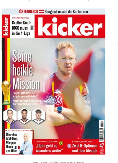 Titelbild der Ausgabe 47/2026 von kicker. Diese Zeitschrift und viele weitere Sportmagazine als Abo oder epaper bei United Kiosk online kaufen.