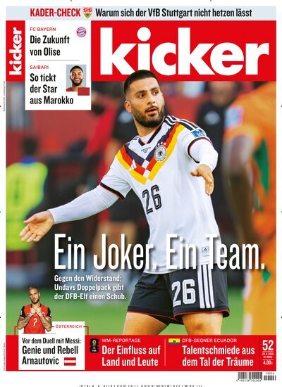 Titelbild der Ausgabe 52/2026 von kicker. Diese Zeitschrift und viele weitere Sportmagazine als Abo oder epaper bei United Kiosk online kaufen.