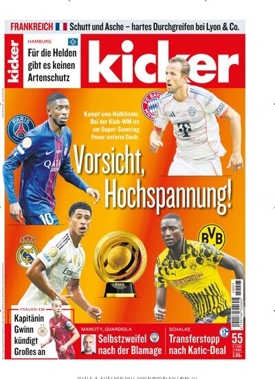 Titelbild der Ausgabe 55/2025 von kicker. Diese Zeitschrift und viele weitere Sportmagazine als Abo oder epaper bei United Kiosk online kaufen.