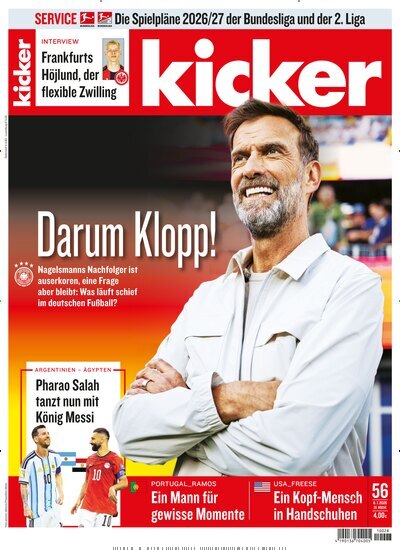 Titelbild der Ausgabe 56/2026 von kicker. Diese Zeitschrift und viele weitere Sportmagazine als Abo oder epaper bei United Kiosk online kaufen.