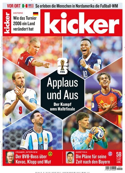 Titelbild der Ausgabe 58/2026 von kicker. Diese Zeitschrift und viele weitere Sportmagazine als Abo oder epaper bei United Kiosk online kaufen.