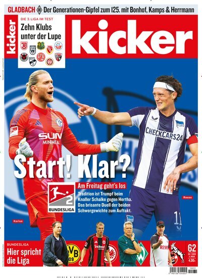 Titelbild der Ausgabe 62/2025 von kicker. Diese Zeitschrift und viele weitere Sportmagazine als Abo oder epaper bei United Kiosk online kaufen.