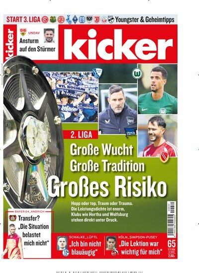 Titelbild der Ausgabe 65/2026 von kicker. Diese Zeitschrift und viele weitere Sportmagazine als Abo oder epaper bei United Kiosk online kaufen.