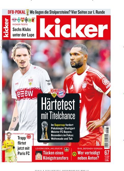 Titelbild der Ausgabe 67/2025 von kicker. Diese Zeitschrift und viele weitere Sportmagazine als Abo oder epaper bei United Kiosk online kaufen.
