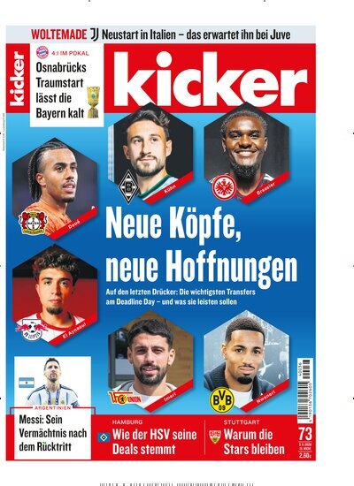 Titelbild der Ausgabe 73/2026 von kicker. Diese Zeitschrift und viele weitere Sportmagazine als Abo oder epaper bei United Kiosk online kaufen.