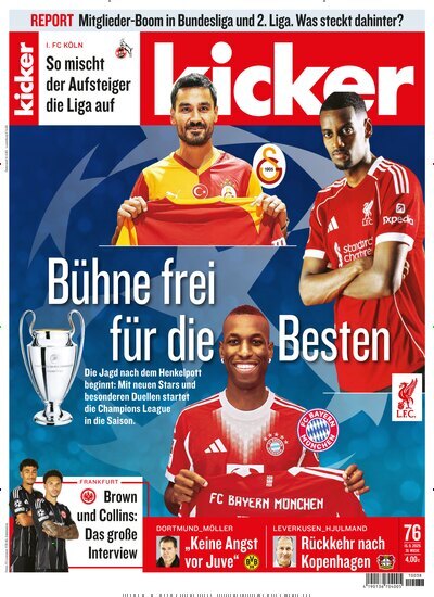 Titelbild der Ausgabe 76/2025 von kicker. Diese Zeitschrift und viele weitere Sportmagazine als Abo oder epaper bei United Kiosk online kaufen.