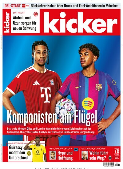 Titelbild der Ausgabe 76/2026 von kicker. Diese Zeitschrift und viele weitere Sportmagazine als Abo oder epaper bei United Kiosk online kaufen.