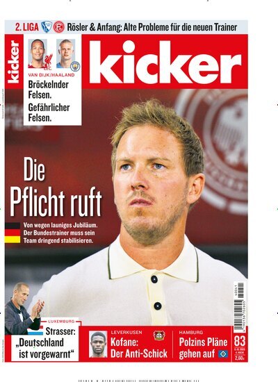 Titelbild der Ausgabe 83/2025 von kicker. Diese Zeitschrift und viele weitere Sportmagazine als Abo oder epaper bei United Kiosk online kaufen.