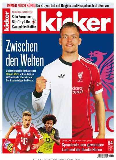 Titelbild der Ausgabe 84/2025 von kicker. Diese Zeitschrift und viele weitere Sportmagazine als Abo oder epaper bei United Kiosk online kaufen.