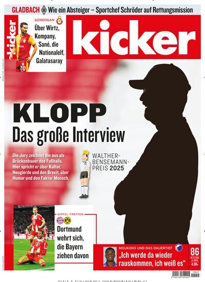 Titelbild der Ausgabe 86/2025 von kicker. Diese Zeitschrift und viele weitere Sportmagazine als Abo oder epaper bei United Kiosk online kaufen.