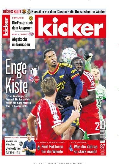 Titelbild der Ausgabe 87/2026 von kicker. Diese Zeitschrift und viele weitere Sportmagazine als Abo oder epaper bei United Kiosk online kaufen.