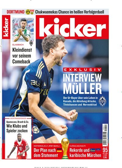 Titelbild der Ausgabe 95/2025 von kicker. Diese Zeitschrift und viele weitere Sportmagazine als Abo oder epaper bei United Kiosk online kaufen.