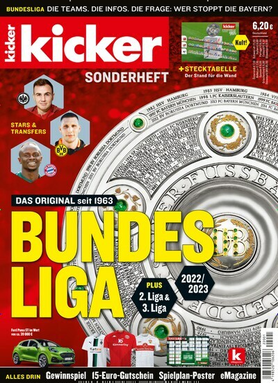 Titelbild der Ausgabe 1/2022 von Kicker Sonderheft Bundesliga. Diese Zeitschrift und viele weitere Sportmagazine als Abo oder epaper bei United Kiosk online kaufen.