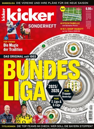 Titelbild der Ausgabe 2/2025 von Kicker Sonderheft Bundesliga. Diese Zeitschrift und viele weitere Sportmagazine als Abo oder epaper bei United Kiosk online kaufen.