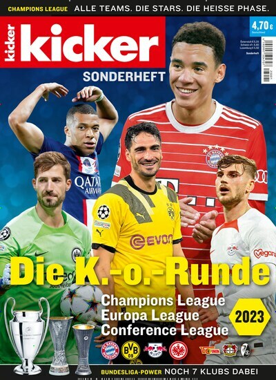 Titelbild der Ausgabe 1/2023 von kicker Sonderheft Champions League. Diese Zeitschrift und viele weitere Sportmagazine als Abo oder epaper bei United Kiosk online kaufen.