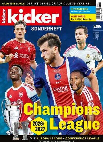 Titelbild der Ausgabe 1/2026 von kicker Sonderheft Champions League. Diese Zeitschrift und viele weitere Sportmagazine als Abo oder epaper bei United Kiosk online kaufen.