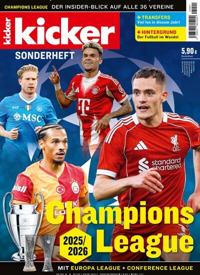Titelbild der Ausgabe 2/2025 von kicker Sonderheft Champions League. Diese Zeitschrift und viele weitere Sportmagazine als Abo oder epaper bei United Kiosk online kaufen.