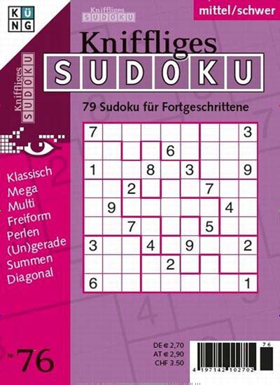 Kniffliges Sudoku aktuelles Titelbild Ausgabe 76/2017 Aktuelles Titelbild von Kniffliges Sudoku. In der Ausgabe 76/2017 geht es um die Themen: 79 Sudokus für Fortgeschrittene. Lesen Sie gerne Groschenromane und Rätselhefte? Dann empfehlen wir Ihnen Kniffliges Sudoku als Abo oder Geschenkabo.