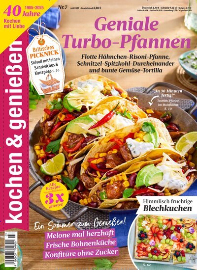 Titelbild der Ausgabe 7/2025 von kochen & genießen. Diese Zeitschrift und viele weitere Kochzeitschriften und Backzeitschriften als Abo oder epaper bei United Kiosk online kaufen.