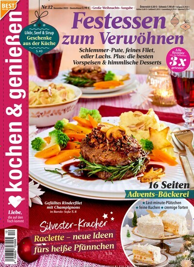 Titelbild der Ausgabe 12/2023 von kochen & genießen. Diese Zeitschrift und viele weitere Kochzeitschriften und Backzeitschriften als Abo oder epaper bei United Kiosk online kaufen.