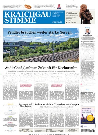 Titelbild der Ausgabe 209/2026 von Kraichgau Stimme. Diese Zeitschrift und viele weitere Zeitungsabos als Abo oder epaper bei United Kiosk online kaufen.