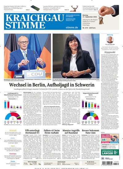 Titelbild der Ausgabe 218/2026 von Kraichgau Stimme. Diese Zeitschrift und viele weitere Zeitungsabos als Abo oder epaper bei United Kiosk online kaufen.