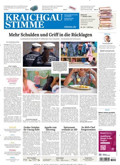 Titelbild der Ausgabe 231/2026 von Kraichgau Stimme. Diese Zeitschrift und viele weitere Zeitungsabos als Abo oder epaper bei United Kiosk online kaufen.