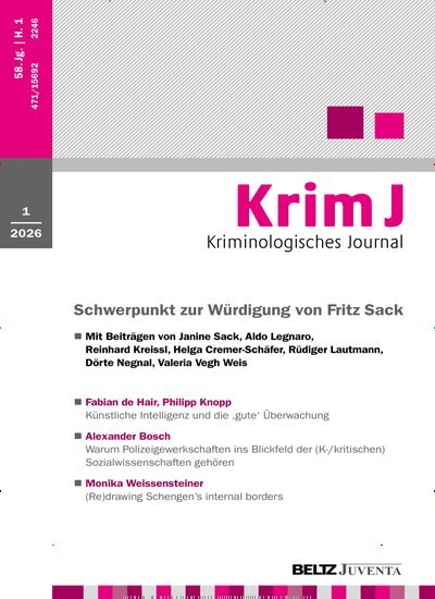 Titelbild der Ausgabe 1/2026 von KrimJ Kriminologisches Journal. Diese Zeitschrift und viele weitere Jurazeitschriften und Zeitschriften für Verwaltung als Abo oder epaper bei United Kiosk online kaufen.