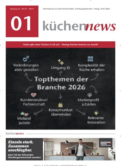 Titelbild der Ausgabe 1/2026 von KüchenNews. Diese Zeitschrift und viele weitere Architekturzeitschriften und Bauzeitschriften als Abo oder epaper bei United Kiosk online kaufen.