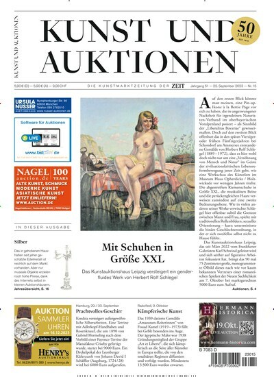 Titelbild der Ausgabe 15/2023 von Kunst und Auktionen. Diese Zeitschrift und viele weitere Reisemagazine, Freizeitmagazine und Wissensmagazine als Abo oder epaper bei United Kiosk online kaufen.