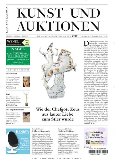 Titelbild der Ausgabe 17/2025 von Kunst und Auktionen. Diese Zeitschrift und viele weitere Reisemagazine, Freizeitmagazine und Wissensmagazine als Abo oder epaper bei United Kiosk online kaufen.