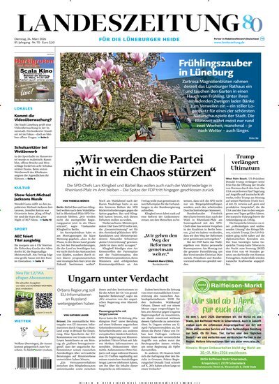 Titelbild der Ausgabe 70/2026 von Landeszeitung für die Lüneburger Heide. Diese Zeitschrift und viele weitere Zeitungsabos als Abo oder epaper bei United Kiosk online kaufen.