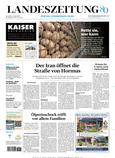 Titelbild der Ausgabe 90/2026 von Landeszeitung für die Lüneburger Heide. Diese Zeitschrift und viele weitere Zeitungsabos als Abo oder epaper bei United Kiosk online kaufen.