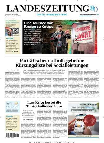 Titelbild der Ausgabe 94/2026 von Landeszeitung für die Lüneburger Heide. Diese Zeitschrift und viele weitere Zeitungsabos als Abo oder epaper bei United Kiosk online kaufen.