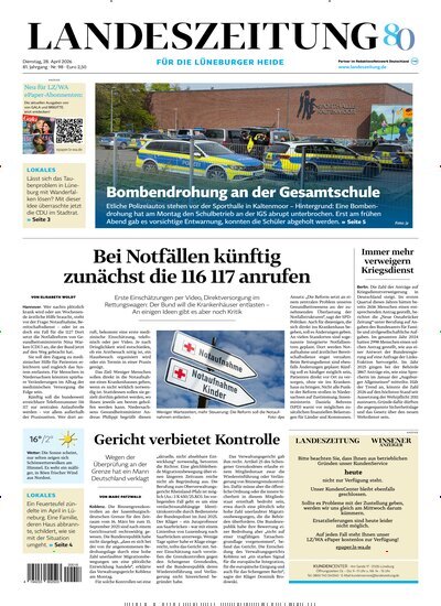 Titelbild der Ausgabe 98/2026 von Landeszeitung für die Lüneburger Heide. Diese Zeitschrift und viele weitere Zeitungsabos als Abo oder epaper bei United Kiosk online kaufen.