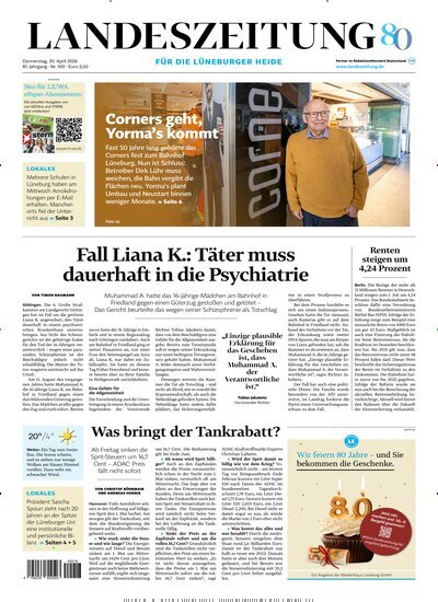 Titelbild der Ausgabe 100/2026 von Landeszeitung für die Lüneburger Heide. Diese Zeitschrift und viele weitere Zeitungsabos als Abo oder epaper bei United Kiosk online kaufen.