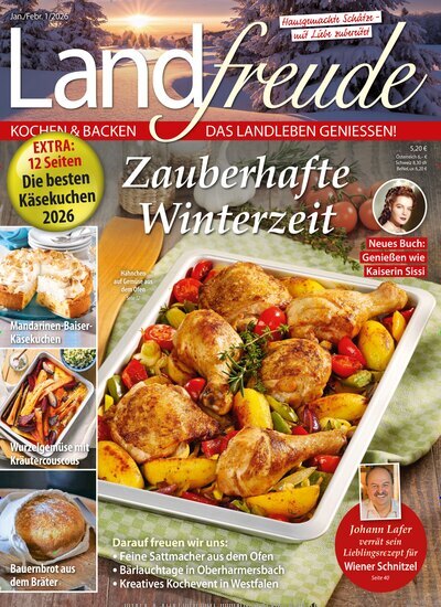 Titelbild der Ausgabe 1/2026 von Landfreude. Diese Zeitschrift und viele weitere Kochzeitschriften und Backzeitschriften als Abo oder epaper bei United Kiosk online kaufen.