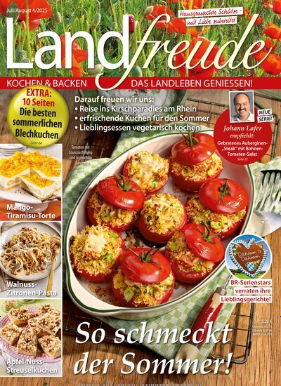 Titelbild der Ausgabe 4/2025 von Landfreude. Diese Zeitschrift und viele weitere Kochzeitschriften und Backzeitschriften als Abo oder epaper bei United Kiosk online kaufen.