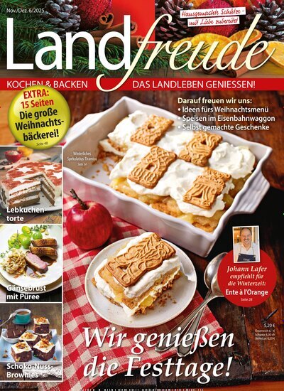 Titelbild der Ausgabe 6/2025 von Landfreude. Diese Zeitschrift und viele weitere Kochzeitschriften und Backzeitschriften als Abo oder epaper bei United Kiosk online kaufen.