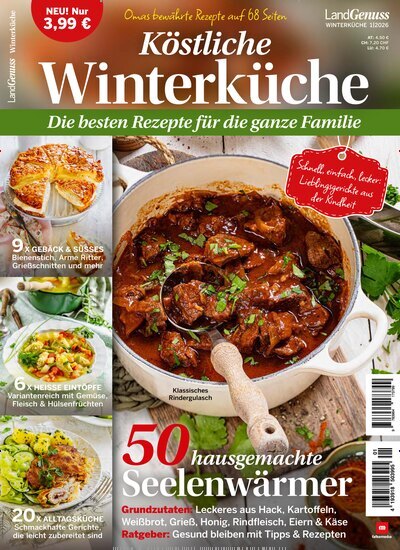 Titelbild der Ausgabe 1/2026 von LandGenuss Winterküche. Diese Zeitschrift und viele weitere Kochzeitschriften und Backzeitschriften als Abo oder epaper bei United Kiosk online kaufen.