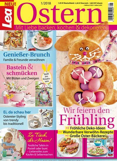 Lea Ostern - epaper aktuelles Titelbild Ausgabe 1/2018 Aktuelles Titelbild von Lea Ostern - epaper. In der Ausgabe 1/2018 geht es um die Themen: Wir feiern den Frühling. Fröhliche Deko-Ideen, Wunderbare Verwöhn-Rezepte. Lesen Sie gerne Frauenzeitschriften? Dann empfehlen wir Ihnen Lea Ostern - epaper als als digitales Einzelheft zum sofort Loslesen.