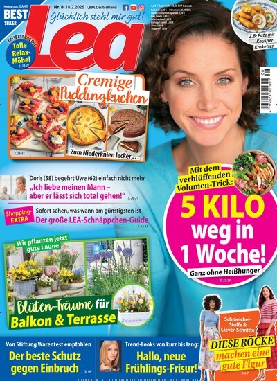 Titelbild der Ausgabe 8/2026 von Lea. Diese Zeitschrift und viele weitere Frauenzeitschriften als Abo oder epaper bei United Kiosk online kaufen.