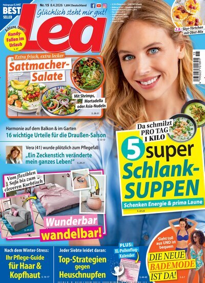 Titelbild der Ausgabe 15/2026 von Lea. Diese Zeitschrift und viele weitere Frauenzeitschriften als Abo oder epaper bei United Kiosk online kaufen.